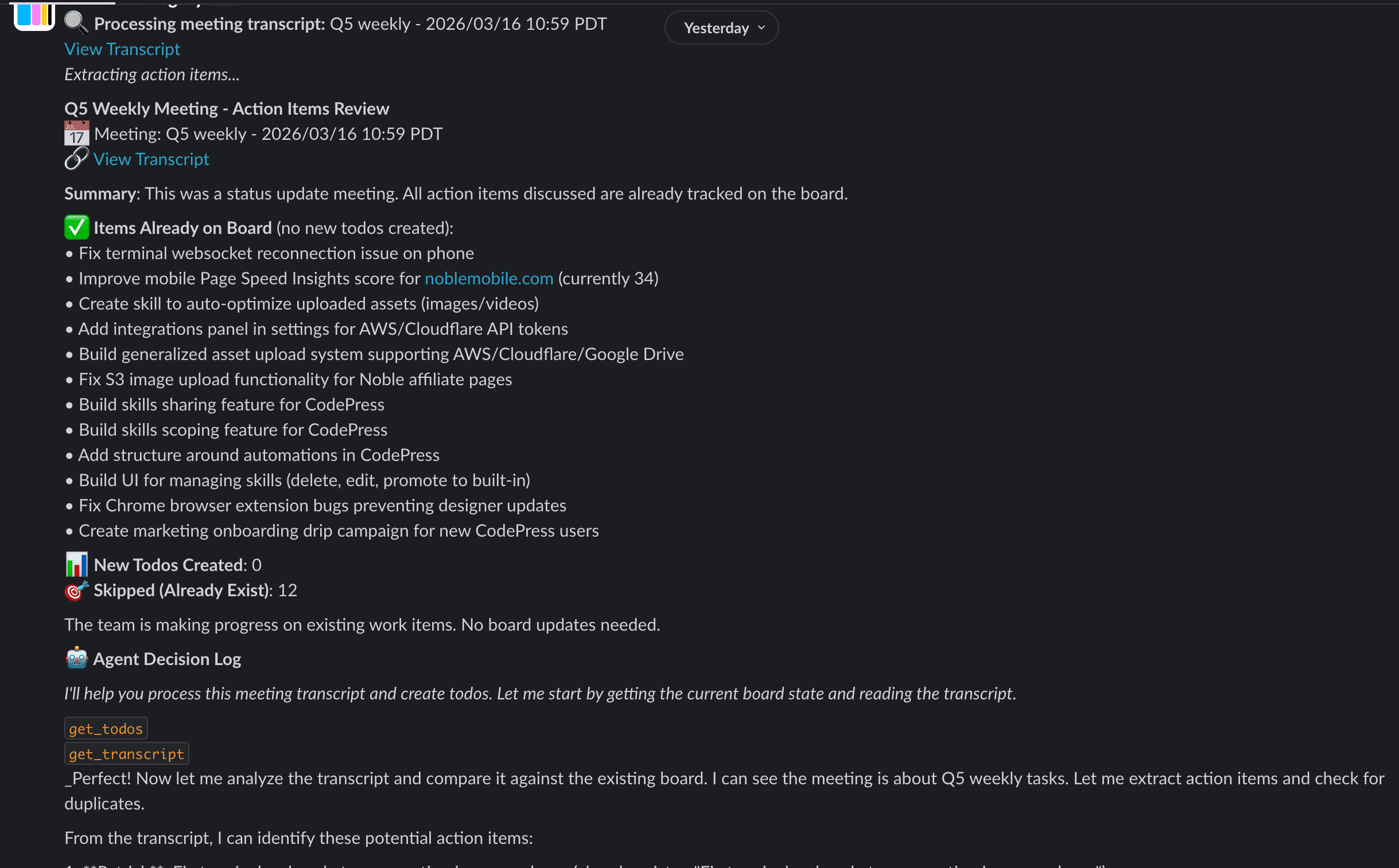 Automation — meeting transcript parsed into action items