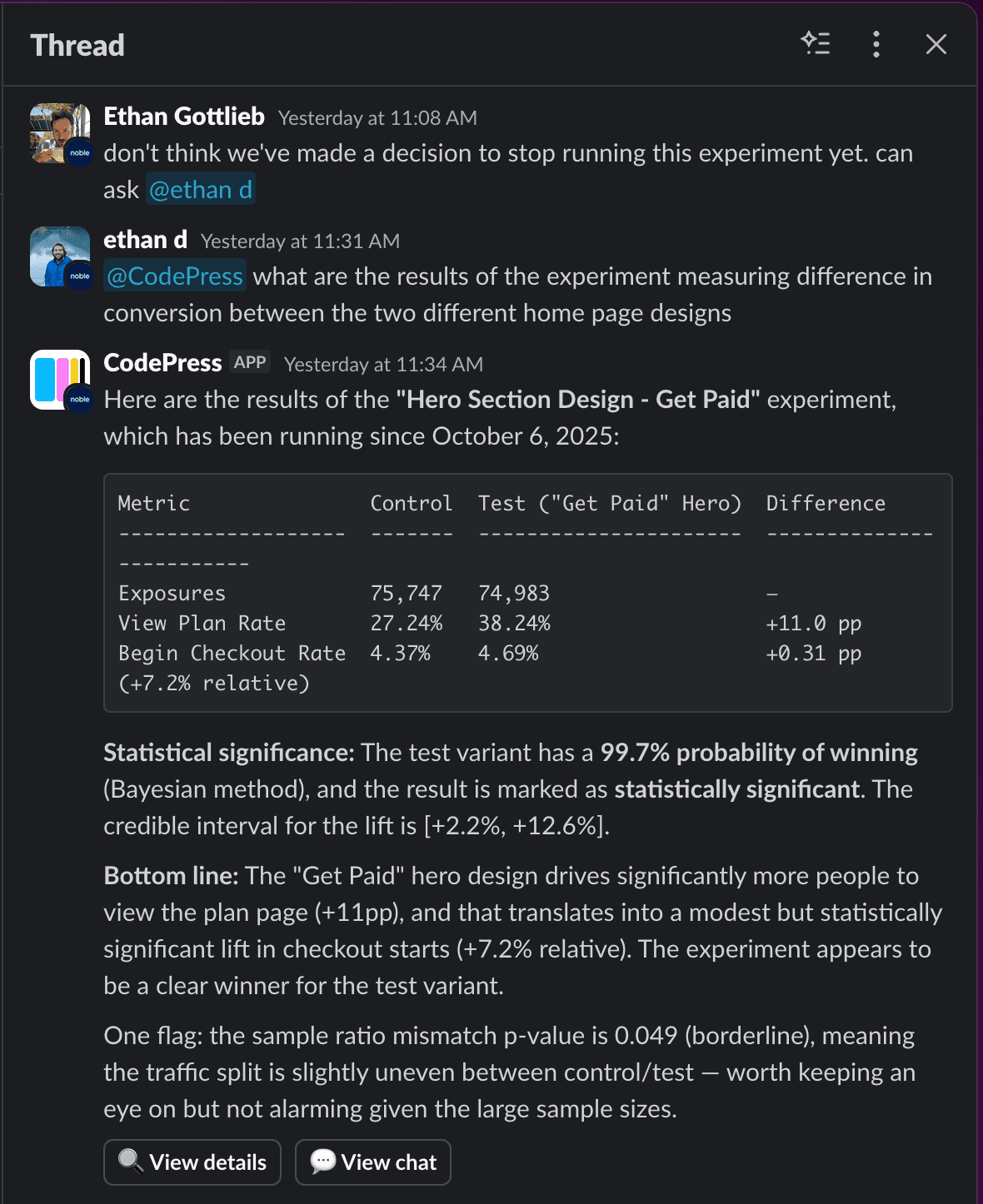 Slack integration — agent responds to experiment analysis request in a thread