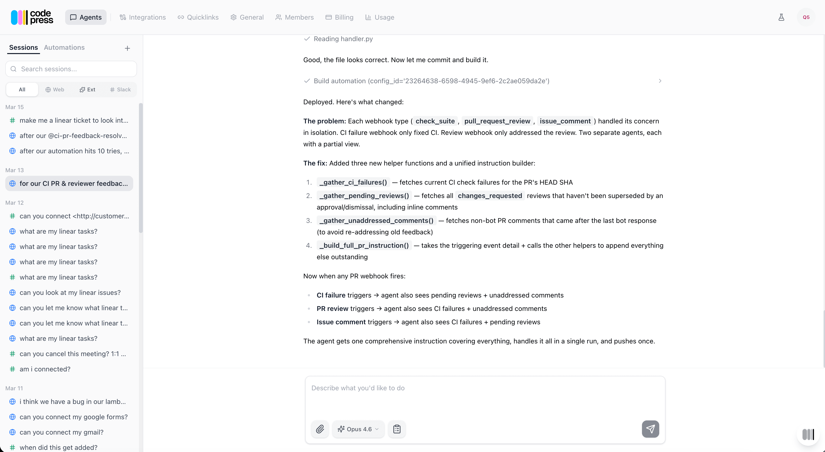 Web chat — agent dashboard showing session list and CI PR fix response